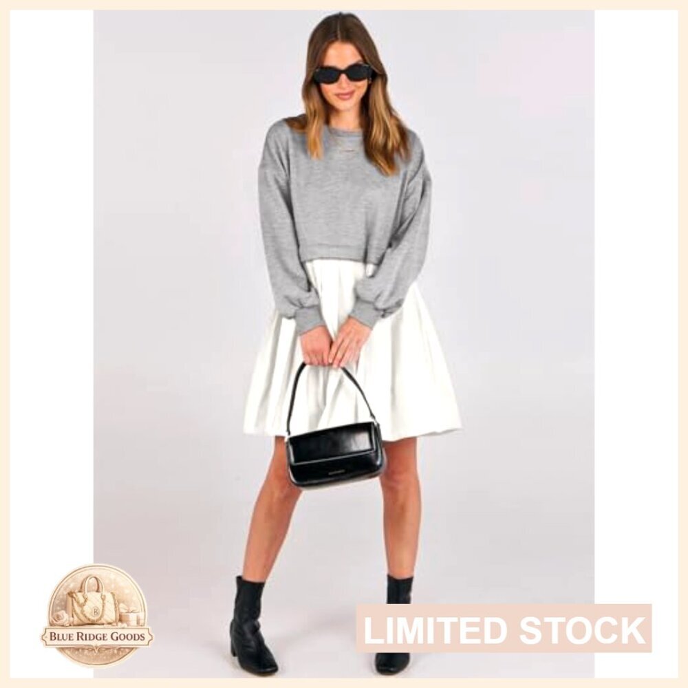 Oversized Sweatshirt Dress Long Sleeve Pleated Patchwork Mini Casual Pullover - Picture 3 of 7